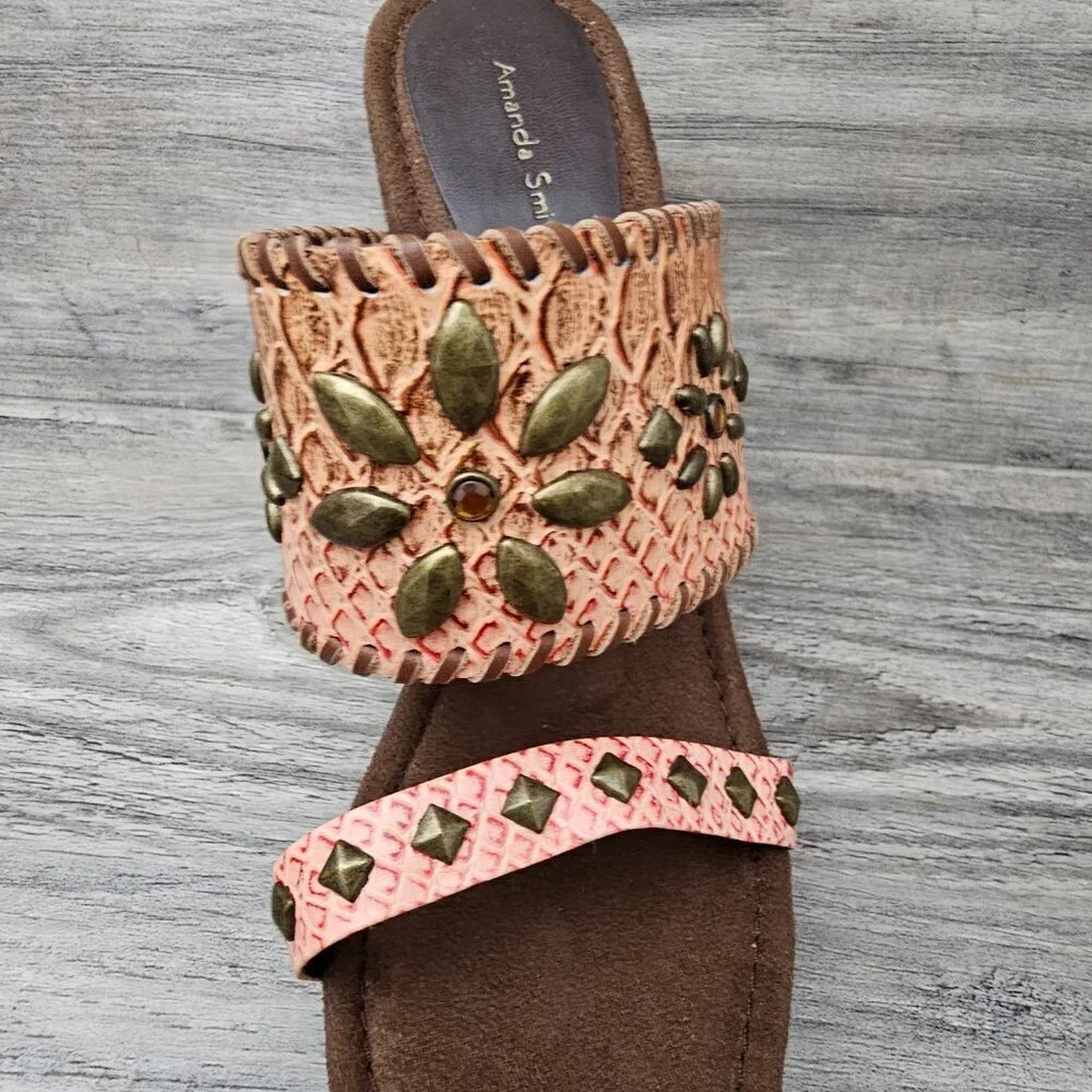 Amanda Smith Salmon Topaz Bead Adorned Leather Boho Platform Heel Sandal NEW